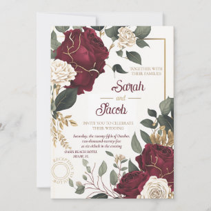 Burgundy White Rose Floral Gold Elegant Wedding  Invitation
