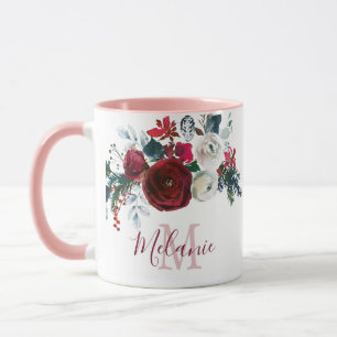 Burgundy White Rose Floral Pine Monogrammed Mug
