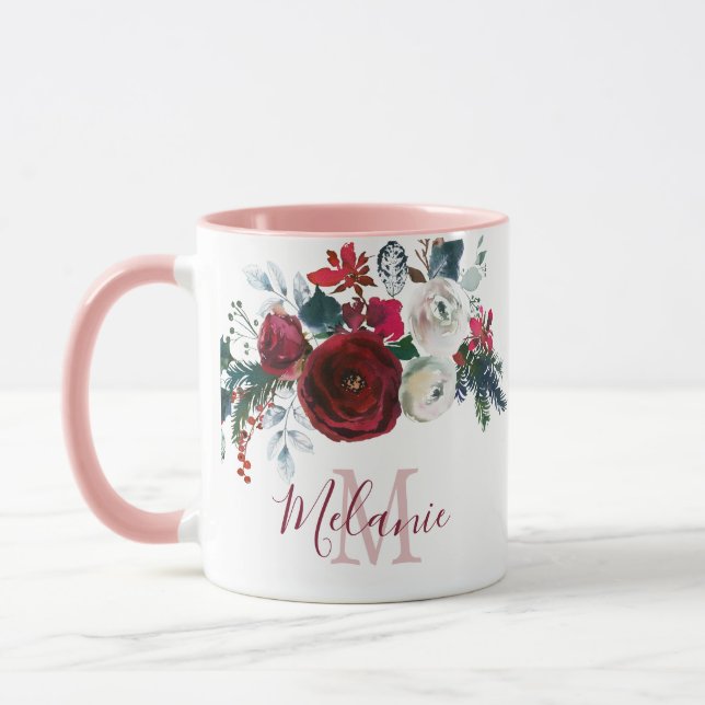 Burgundy White Rose Floral Pine Monogrammed Mug (Left)