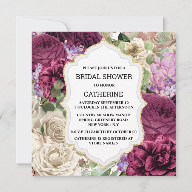 Burgundy white rose flower elegant vintage frame invitation (Front)