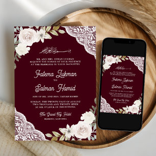 Burgundy White Roses Lace Islamic Muslim Wedding Invitation
