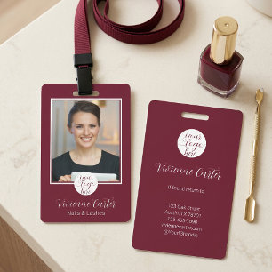 Burgundy White Script Font Logo Photo Nail Salon ID Badge