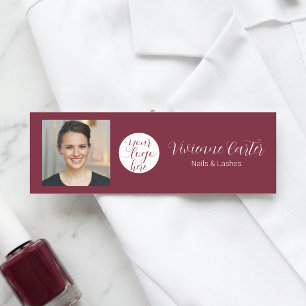 Burgundy White Script Logo Photo Nail Artist Salon Name Tag