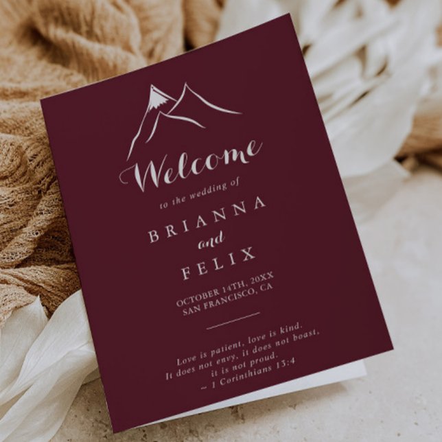 Burgundy White Silhouette Mountain Folded Wedding Program (Creator Uploaded)