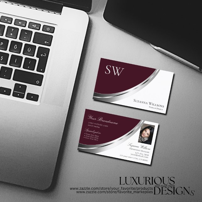 Burgundy White Silver Decor with Monogram & Photo Business Card (Creator Uploaded)