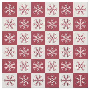 Burgundy White Snowflake Checkered Pattern Fabric