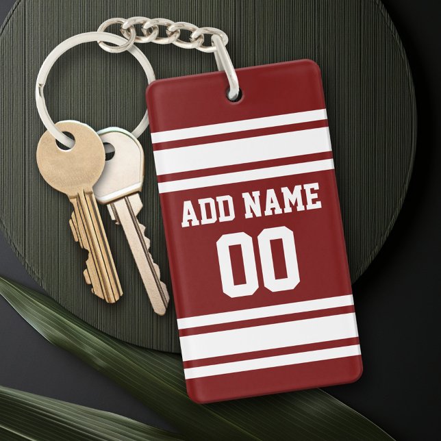 Burgundy White Team Jersey Custom Name and Number Key Ring (Personalized Keychain - add a monogram or name)