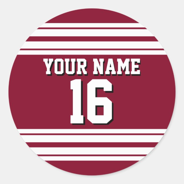 Burgundy White Team Jersey Custom Number Name Classic Round Sticker (Front)