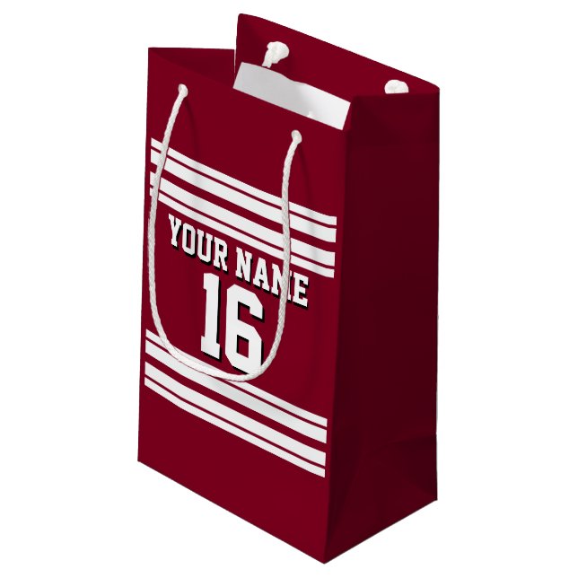 Burgundy White Team Jersey Custom Number Name Small Gift Bag (Back Angled)