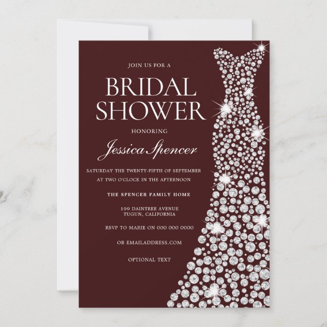 Burgundy White Wedding Dress Bridal Shower Invite (Front)