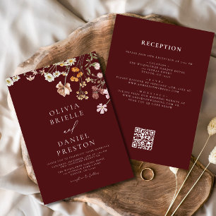 Burgundy Wildflower All in One QR Code Wedding Invitation