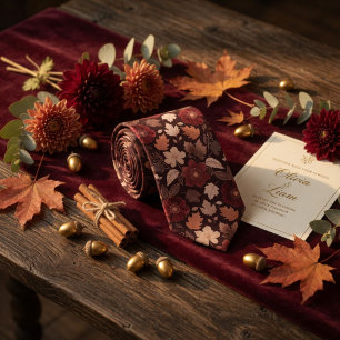 Burgundy Wildflower & Autumn Leaves Rich Copper Tie
