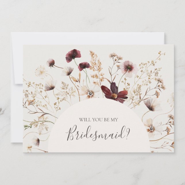 Burgundy Wildflower Beige Bridesmaid Proposal Card (Front)