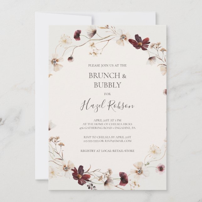 Burgundy Wildflower | Beige Brunch & Bubbly Shower Invitation (Front)