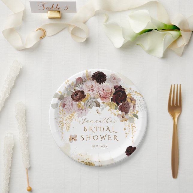 Burgundy Wildflower Garden Floral Bridal Shower Paper Plate (Wedding)