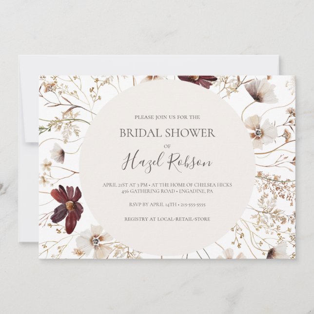 Burgundy Wildflower | Horizontal Bridal Shower Invitation (Front)
