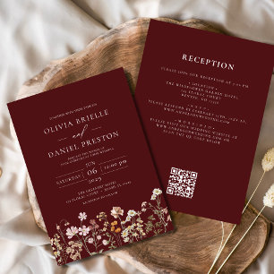 Burgundy Wildflower QR Code All in One Wedding Invitation