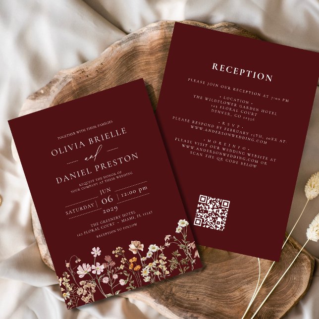 Burgundy Wildflower QR Code All in One Wedding Invitation (Creator Uploaded)