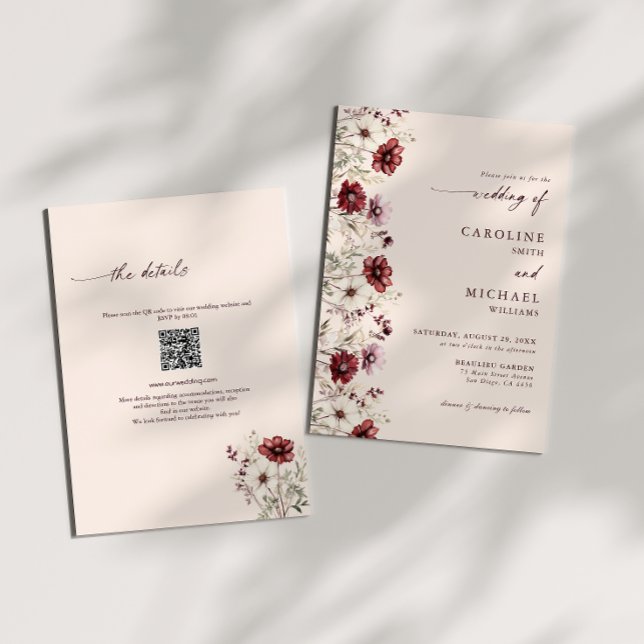 Burgundy Wildflower QR Code Wedding  Invitation (Creator Uploaded)