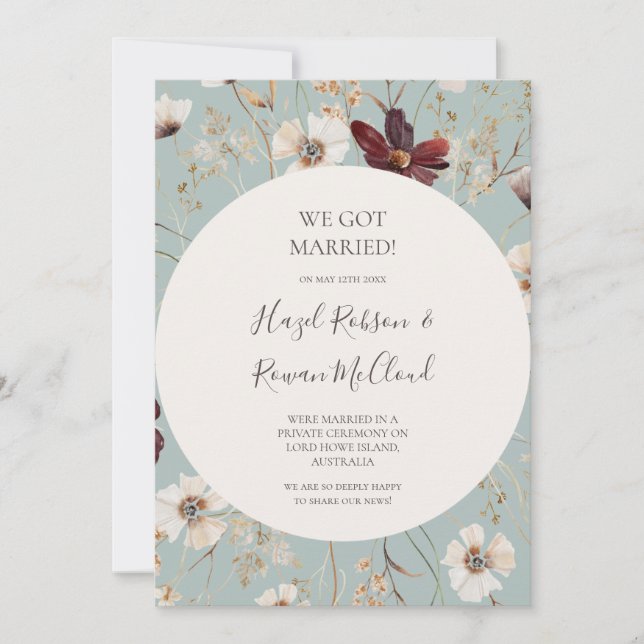 Burgundy Wildflower | Teal Elopement Announcement (Front)