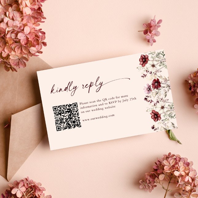 Burgundy Wildflower Wedding Budget RSVP QR Code Enclosure Card (Creator Uploaded)