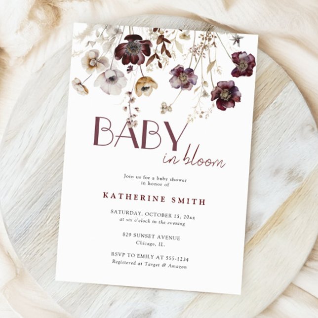 Burgundy Wildflowers Baby In Bloom Baby Shower Invitation (Creator Uploaded)