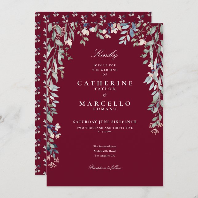 Burgundy Wildflowers Floral Greenery Wedding Invitation (Front/Back)