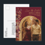 Burgundy Wildflowers Photo Wedding Save the Date Announcement Postcard<br><div class="desc">Give your loved ones advance notice of your upcoming wedding with this beautiful save the date postcard! The rustic burgundy and gold colored boho chic design features your photo in an arch shaped frame with a spray of delicate wildflowers along one side in autumn shades of burgundy, sienna, and marigold....</div>