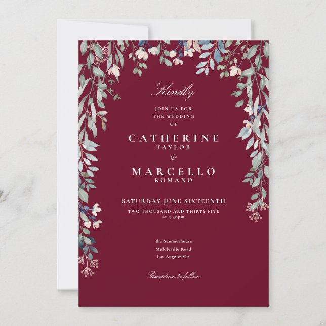 Burgundy Wildflowers Watercolor Floral Wedding Invitation (Front)