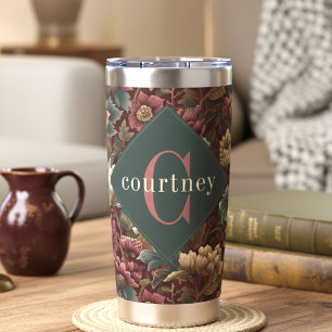 Burgundy William Morris Floral Elegant Monogram  Insulated Tumbler