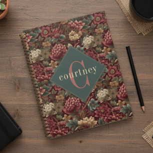 Burgundy William Morris Floral Elegant Monogram  Planner