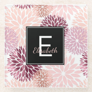 Burgundy Wine and Pink Watercolor Floral Monogram Glass Coaster