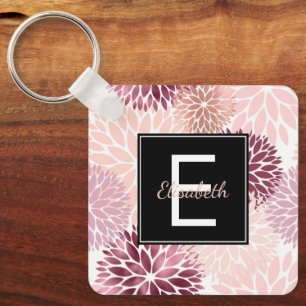 Burgundy Wine and Pink Watercolor Floral Monogram Key Ring