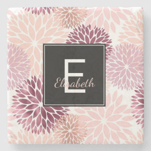 Burgundy Wine and Pink Watercolor Floral Monogram Stone Coaster