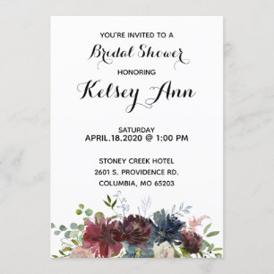 Burgundy Wine & Blue Bouquet Bridal Shower Invite
