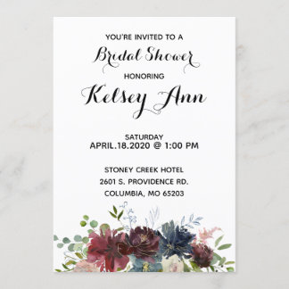 Burgundy Wine & Blue Bouquet Bridal Shower Invite