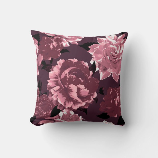 Burgundy Wine & Blush Floral Pattern Cushion (Front)
