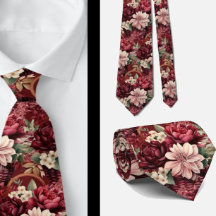 Burgundy Wine Boho Watercolor Flowers Tie