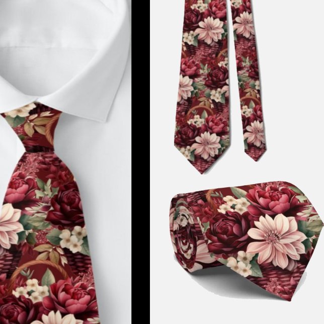 Burgundy Wine Boho Watercolor Flowers Tie (Creator Uploaded)