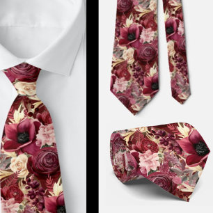 Burgundy Wine Boho Watercolor Flowers Tie