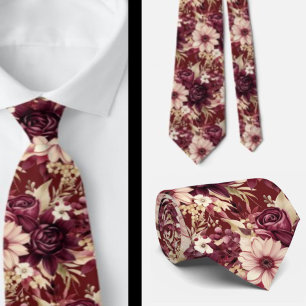 Burgundy Wine Boho Watercolor Flowers Tie