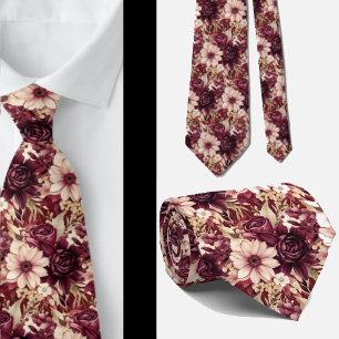 Burgundy Wine Boho Watercolor Flowers Tie