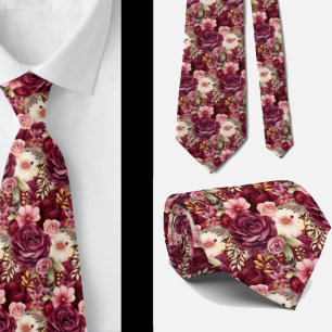 Burgundy Wine Boho Watercolor Flowers Tie