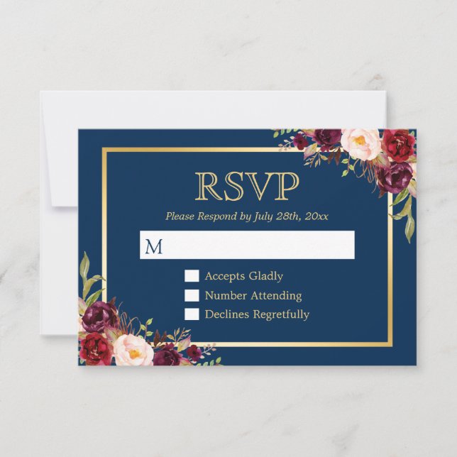 Burgundy Wine Colour Floral Gold Navy Blue RSVP (Front)