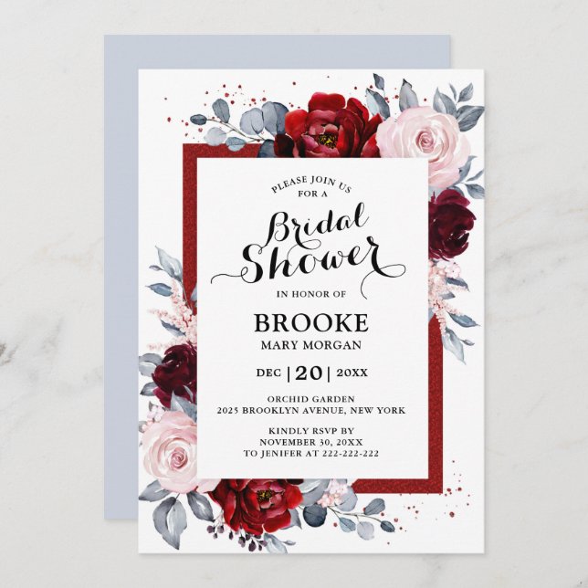 Burgundy Wine Dusty Blue Slate Bridal Shower Invitation (Front/Back)