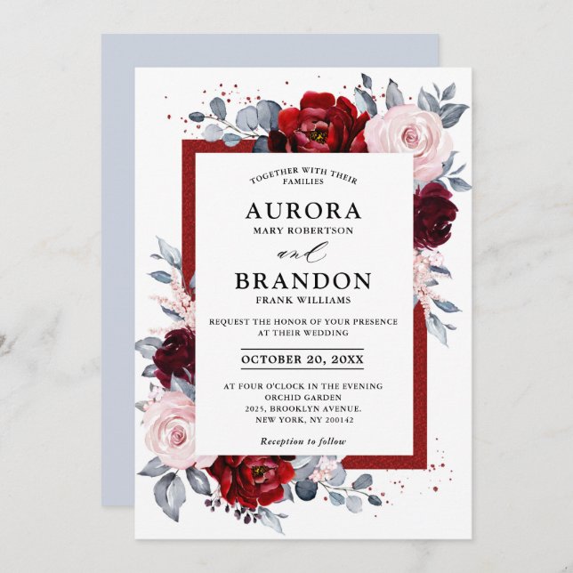 Burgundy Wine Dusty Blue Slate Floral Wedding Invitation (Front/Back)