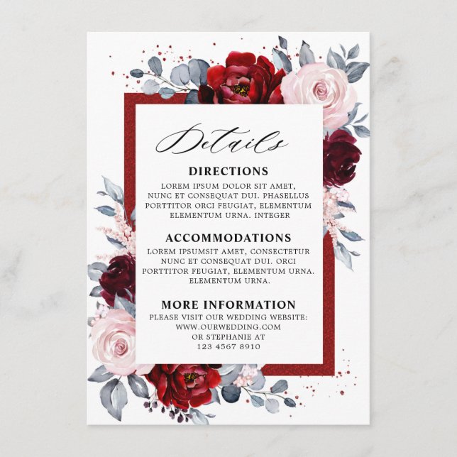 Burgundy Wine Dusty Blue Slate Wedding Details Enclosure Card (Front)