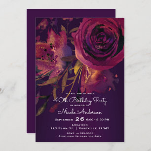 Burgundy Wine Floral Rose Purple Birthday Party Invitation
