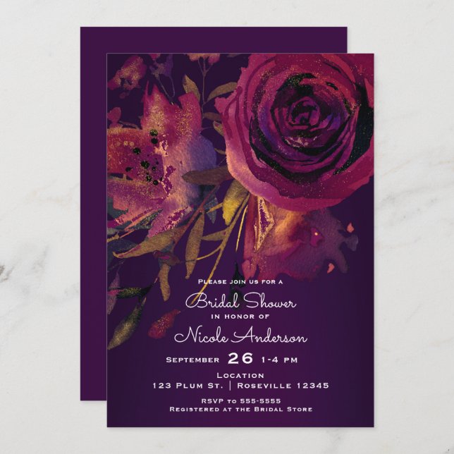Burgundy Wine Floral Rose Purple Bridal Shower Invitation (Front/Back)