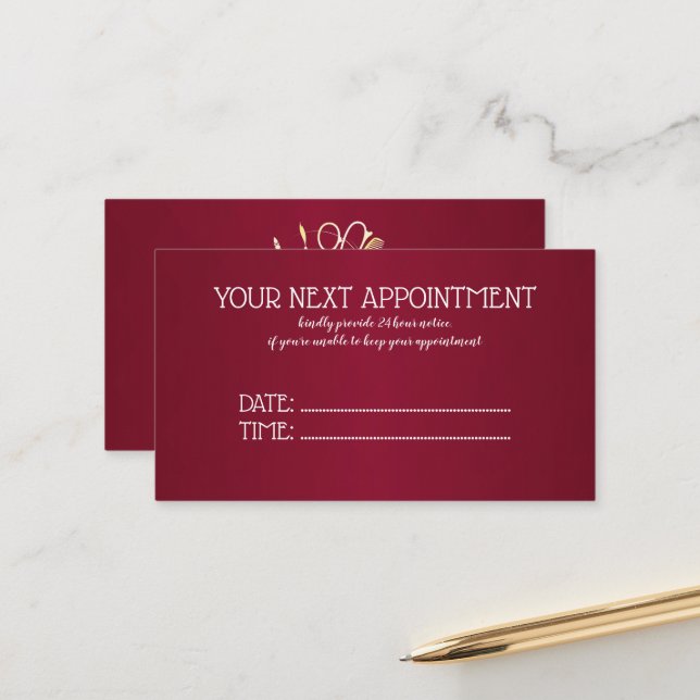Burgundy Wine & Golden Beauty Salon Appointment Card (Front/Back In Situ)
